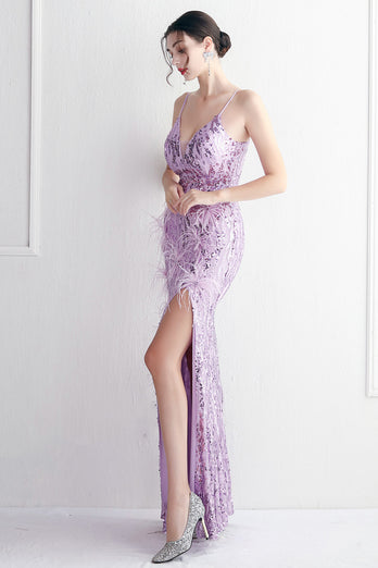 Purple Spaghetti Straps Prom Dress With Feathers