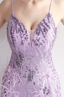 Load image into Gallery viewer, Purple Spaghetti Straps Prom Dress With Feathers