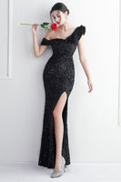 Load image into Gallery viewer, Black Sequins One Shoulder Prom Dress With Slit
