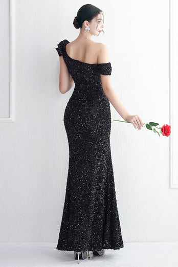 Black Sequins One Shoulder Prom Dress With Slit