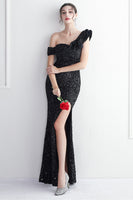 Load image into Gallery viewer, Black Sequins One Shoulder Prom Dress With Slit