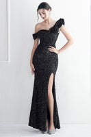Load image into Gallery viewer, Black Sequins One Shoulder Prom Dress With Slit