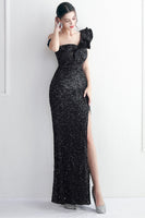 Load image into Gallery viewer, Black Sequins One Shoulder Prom Dress With Slit