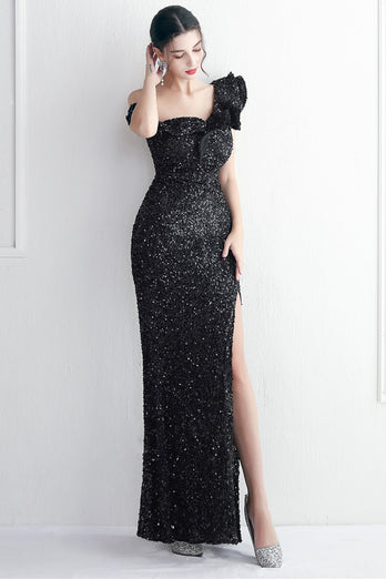Black Sequins One Shoulder Prom Dress With Slit