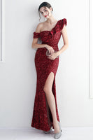 Load image into Gallery viewer, Black Sequins One Shoulder Prom Dress With Slit