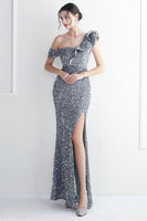 Load image into Gallery viewer, Black Sequins One Shoulder Prom Dress With Slit