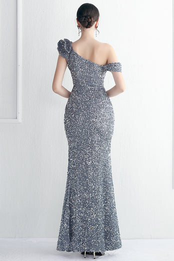 Black Sequins One Shoulder Prom Dress With Slit