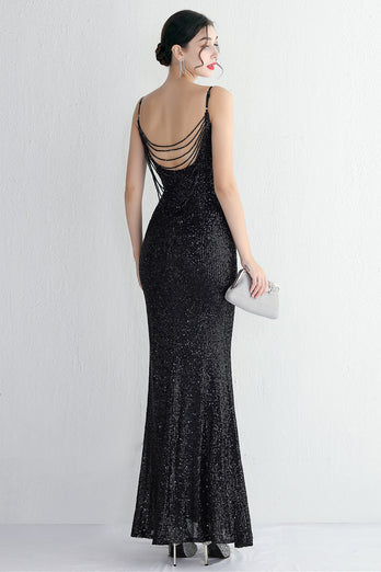 Black Spaghetti Straps V-Neck Formal Dress With Slit