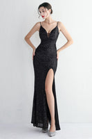 Load image into Gallery viewer, Black Spaghetti Straps V-Neck Formal Dress With Slit