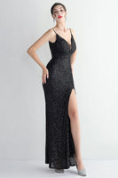 Load image into Gallery viewer, Black Spaghetti Straps V-Neck Formal Dress With Slit