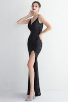 Load image into Gallery viewer, Black Spaghetti Straps V-Neck Formal Dress With Slit