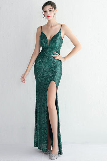 Black Spaghetti Straps V-Neck Formal Dress With Slit