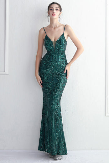 Green Spaghetti Straps Sequins Prom Dress