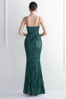 Green Spaghetti Straps Sequins Prom Dress