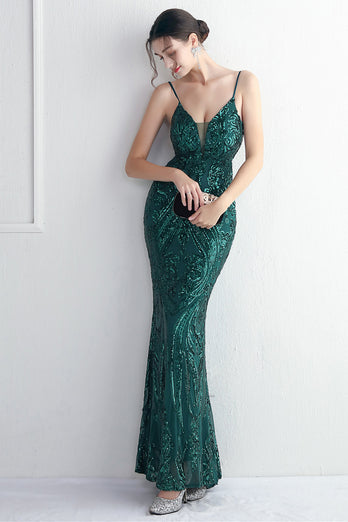 Green Spaghetti Straps Sequins Prom Dress