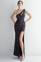 Load image into Gallery viewer, Black Sequined One Shoulder Prom Dress With Slit