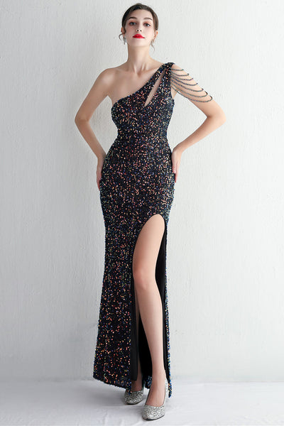 Black Sequined One Shoulder Prom Dress With Slit