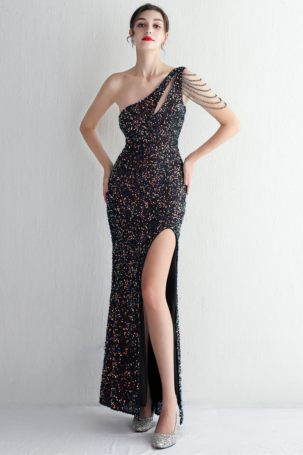 Black Sequined One Shoulder Prom Dress With Slit