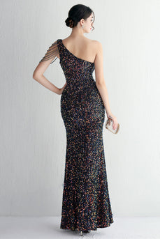 Black Sequined One Shoulder Prom Dress With Slit