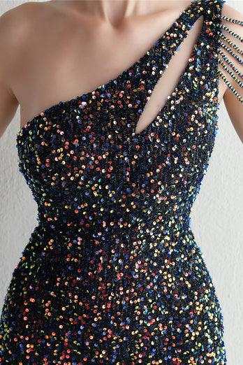 Black Sequined One Shoulder Prom Dress With Slit