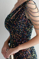 Load image into Gallery viewer, Black Sequined One Shoulder Prom Dress With Slit