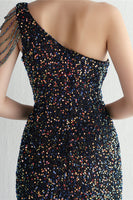 Load image into Gallery viewer, Black Sequined One Shoulder Prom Dress With Slit