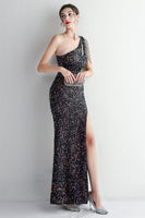 Load image into Gallery viewer, Black Sequined One Shoulder Prom Dress With Slit