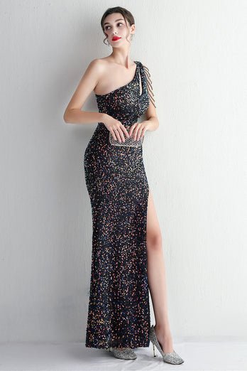 Black Sequined One Shoulder Prom Dress With Slit