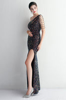 Load image into Gallery viewer, Black Sequined One Shoulder Prom Dress With Slit
