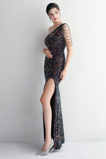 Black Sequined One Shoulder Prom Dress With Slit