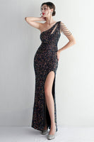 Load image into Gallery viewer, Black Sequined One Shoulder Prom Dress With Slit
