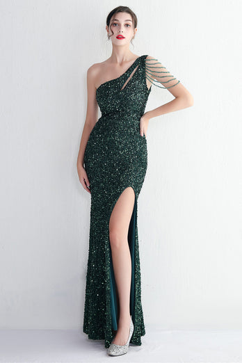 Black Sequined One Shoulder Prom Dress With Slit