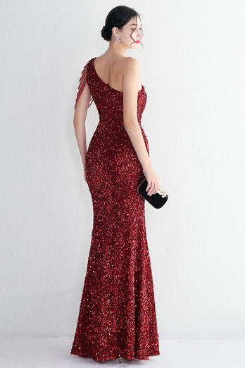 Black Sequined One Shoulder Prom Dress With Slit