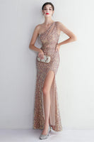 Load image into Gallery viewer, Black Sequined One Shoulder Prom Dress With Slit