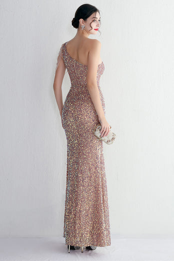 Black Sequined One Shoulder Prom Dress With Slit