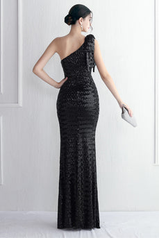 Sheath Black Sequined Floor Length Formal Dress