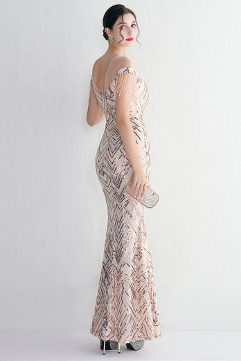 Round Neck Apricot Golden Long Prom Dress With Tassel