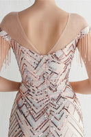 Load image into Gallery viewer, Round Neck Apricot Golden Long Prom Dress With Tassel
