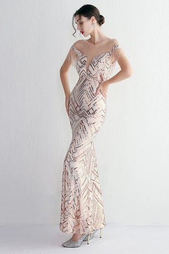 Round Neck Apricot Golden Long Prom Dress With Tassel