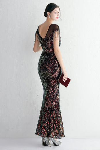 Round Neck Apricot Golden Long Prom Dress With Tassel