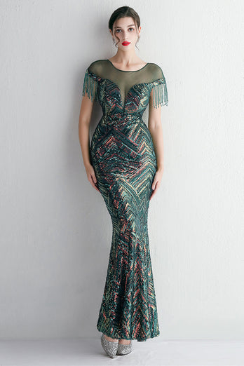 Round Neck Apricot Golden Long Prom Dress With Tassel