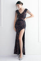 Load image into Gallery viewer, Black V-Neck Sequins Long Prom Dress With Slit