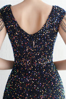 Load image into Gallery viewer, Black V-Neck Sequins Long Prom Dress With Slit