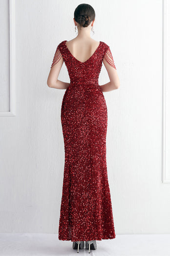 Black V-Neck Sequins Long Prom Dress With Slit