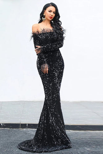 Black Mermaid Off The Shoulder Prom Dress With Feathers
