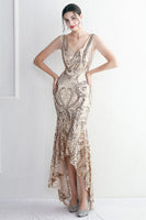 Load image into Gallery viewer, Sparkly High Low Sequined Black Golden Prom Dress