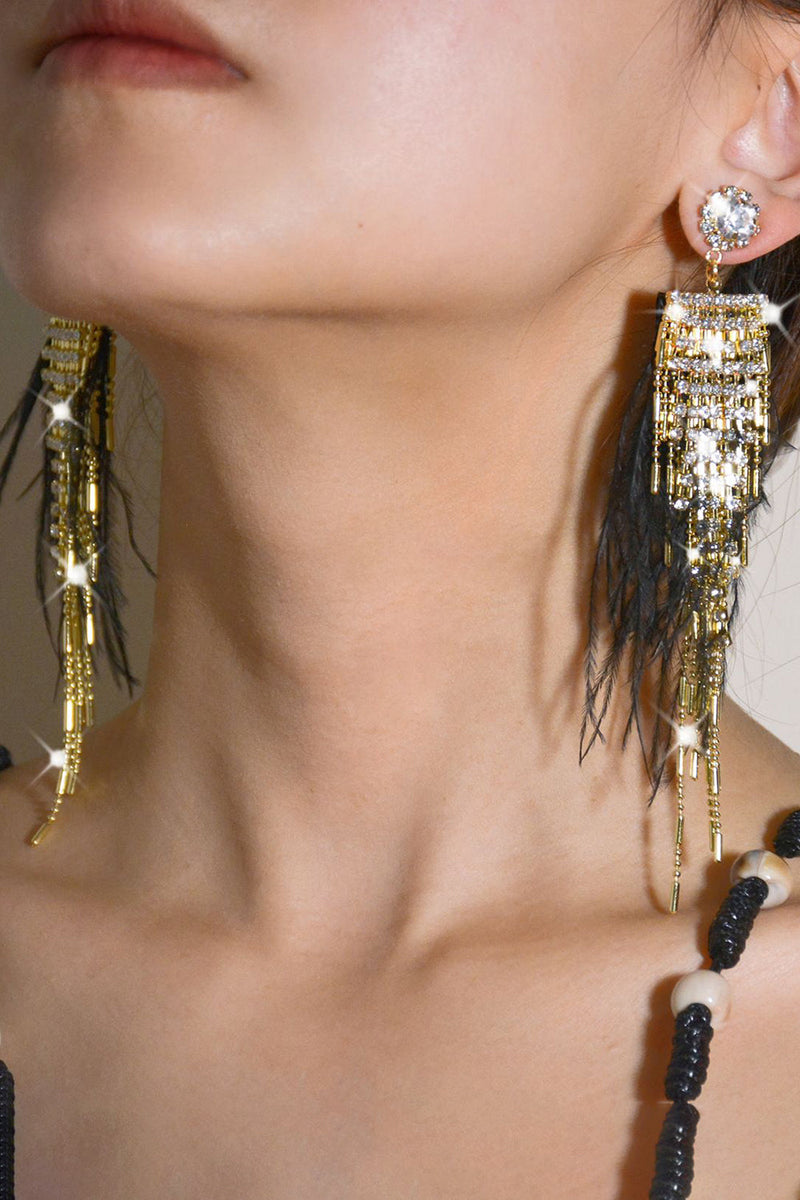 Load image into Gallery viewer, Tassel Feather Rhinestone Long Earrings