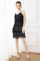 Load image into Gallery viewer, Black Fringes Spaghetti Straps Roaring 1920s Dress