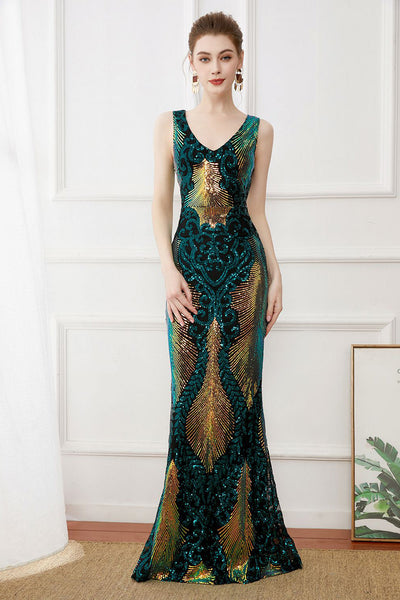 Queendancer Women Dparkly Roaring 20s Floor Lenngth Flapper Dress Dark Green Sequins Sheath Long 1920s Dress