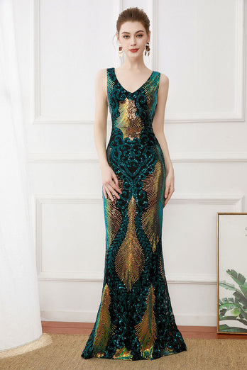 Queendancer Women Dparkly Roaring 20s Floor Lenngth Flapper Dress Dark Green Sequins Sheath Long 1920s Dress